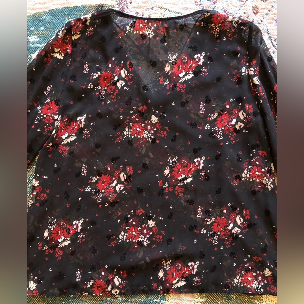 Zara Basic Sheer Dark Floral Velvet Accent V Neck Blouse w/ Ruffle Sleeve - Picture 12 of 14